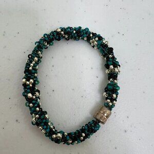 Twist Beaded Bracelet Silver Tone‎ Blue Tube Magnetic Black Kumihimo Weave